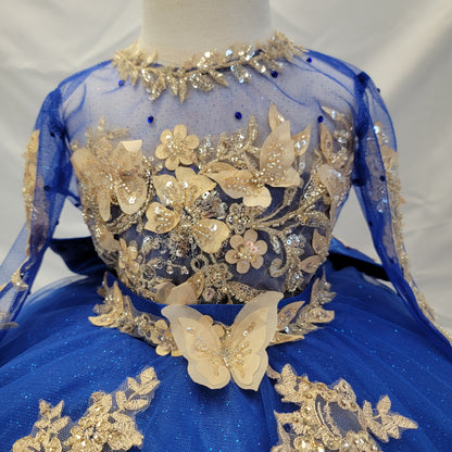 Vestido Azul royal con mariposas doradas para presentación de 3 años