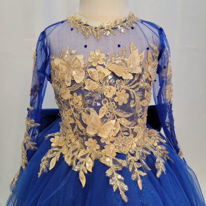 Vestido Azul royal con mariposas doradas para presentación de 3 años