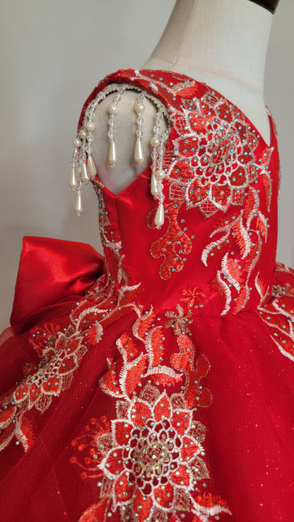 Vestido 2 en 1 Rojo con bordado de rosas para presentación de 3 años